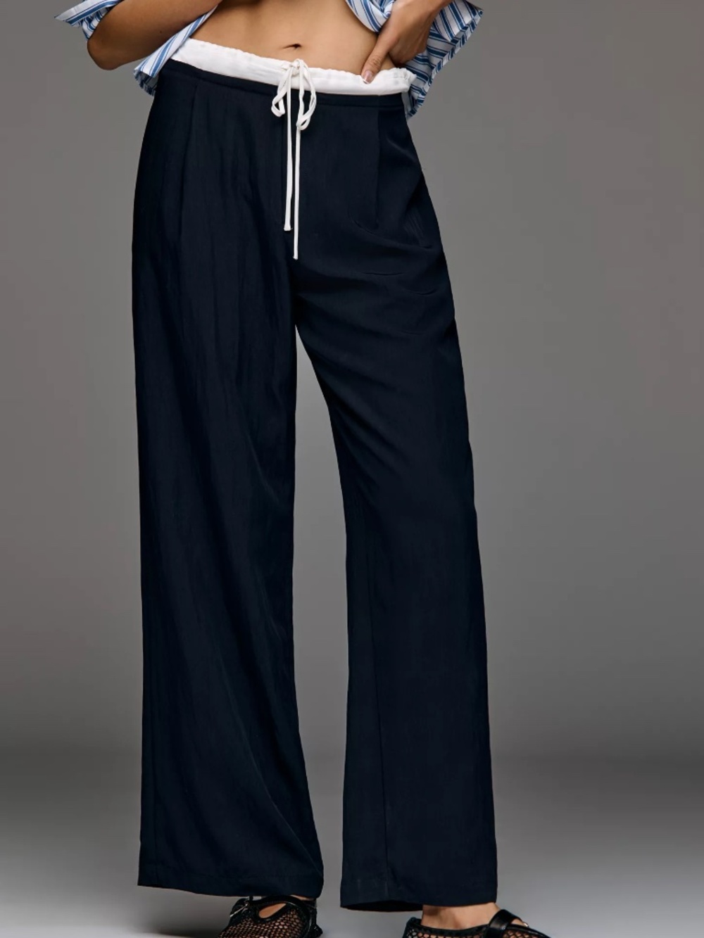 Anthropologie Maeve Combo Drawcord Trousers Wide Legs Pants in Black White Trim